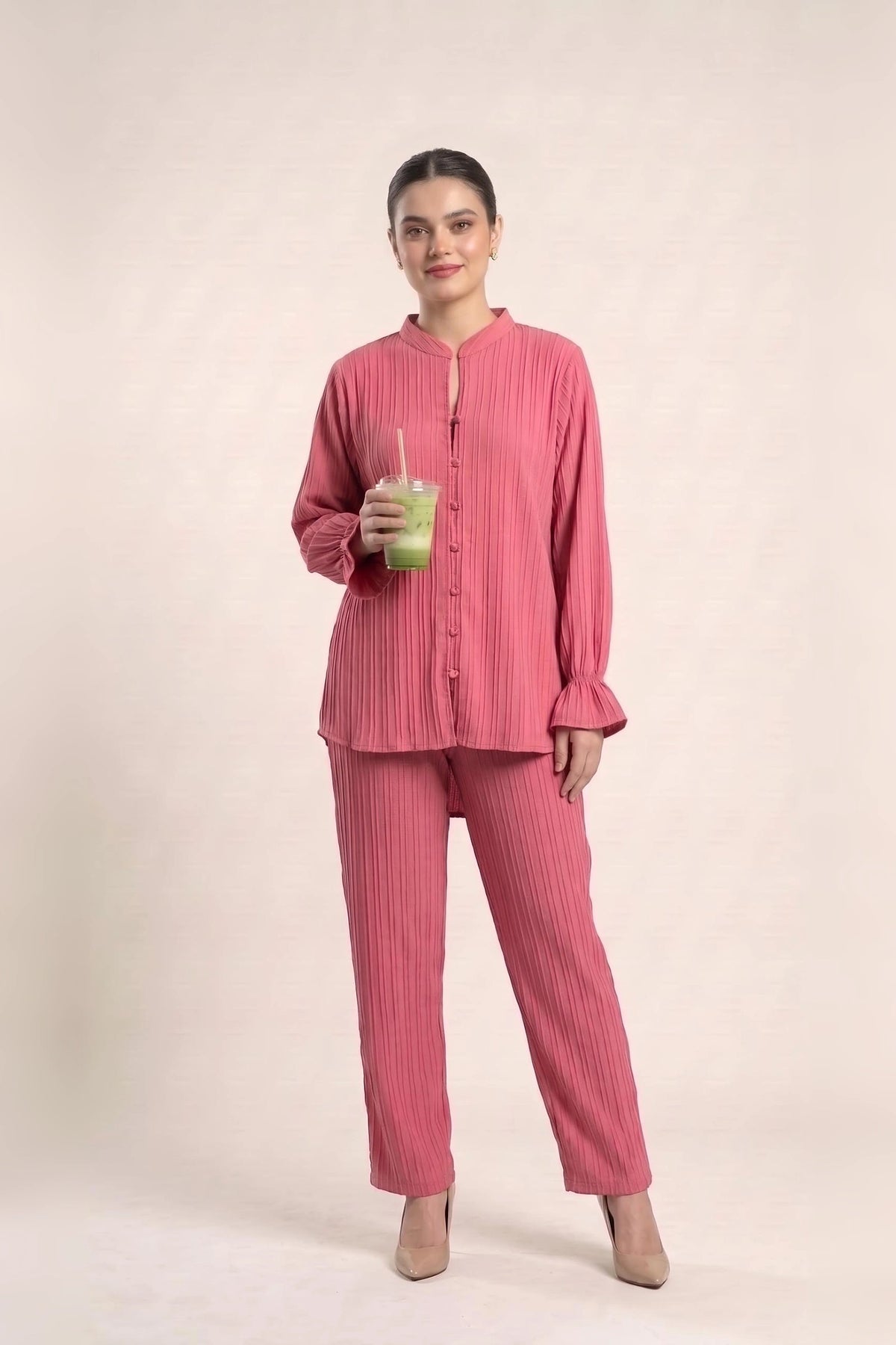 Textured Cotton Co Ord Set for Women in Coral Pink