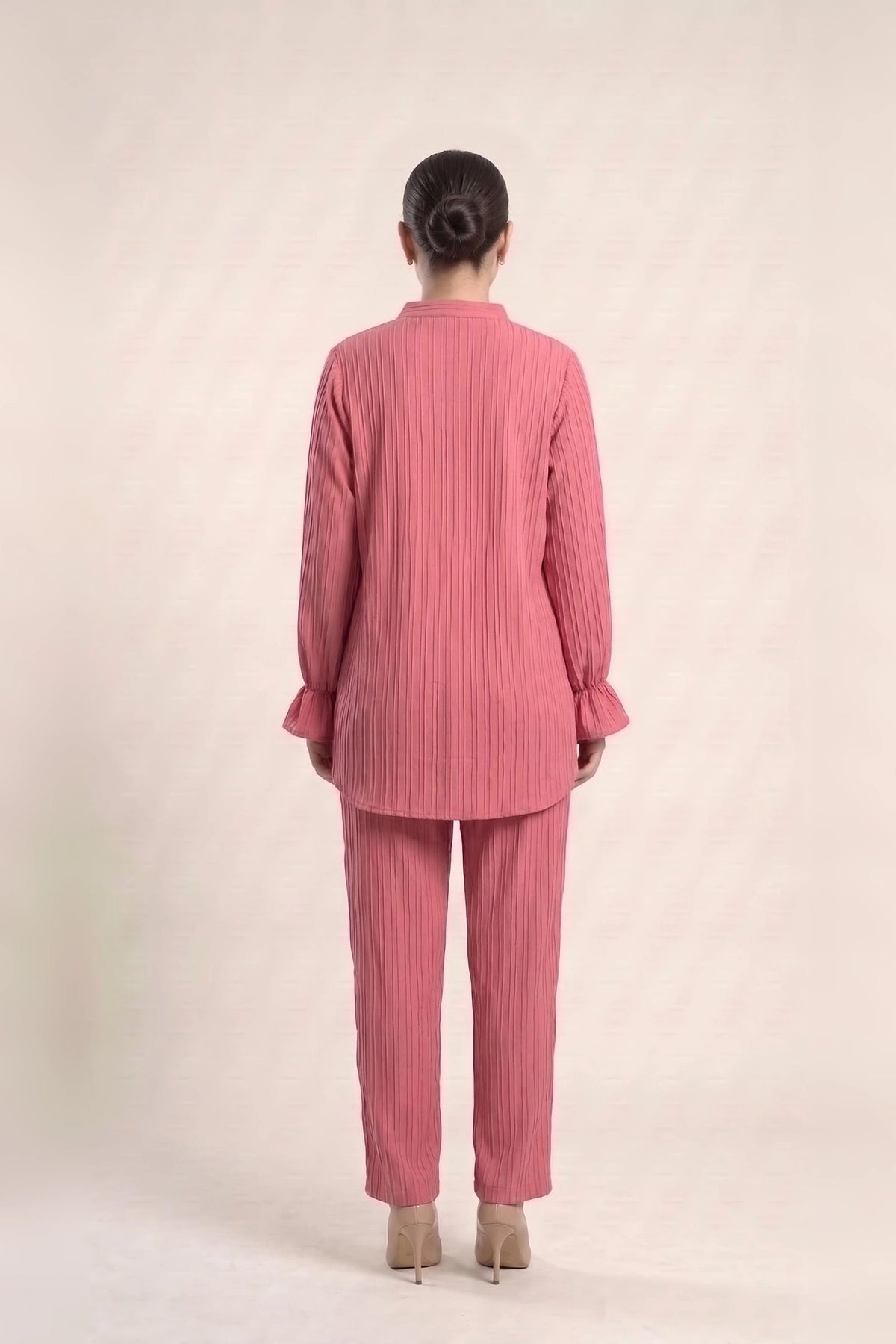 Textured Cotton Co Ord Set for Women in Coral Pink