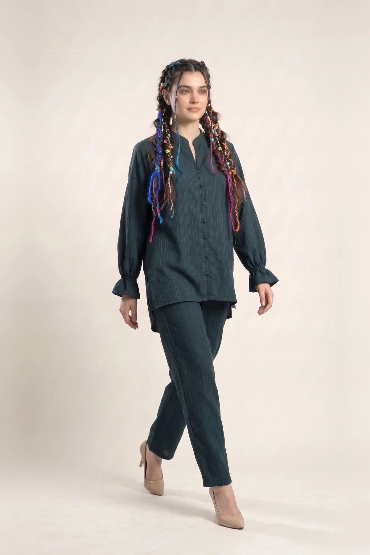 Textured Cotton Co Ord Set for Women in Dark Teal