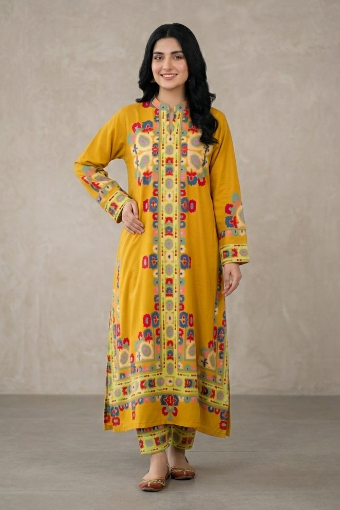 Woman wearing a yellow patterned dress against a plain background