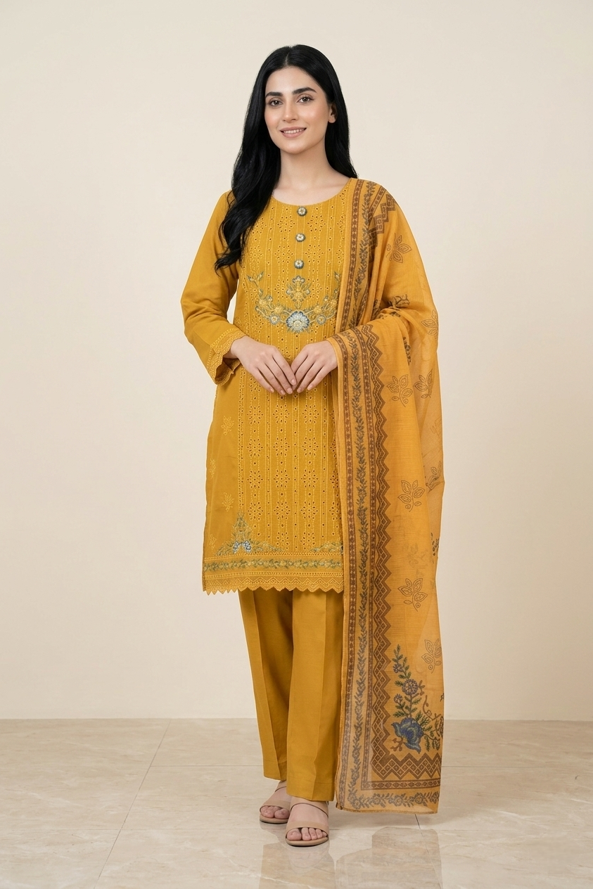 Woman wearing a mustard yellow traditional outfit with a matching dupatta on a beige background