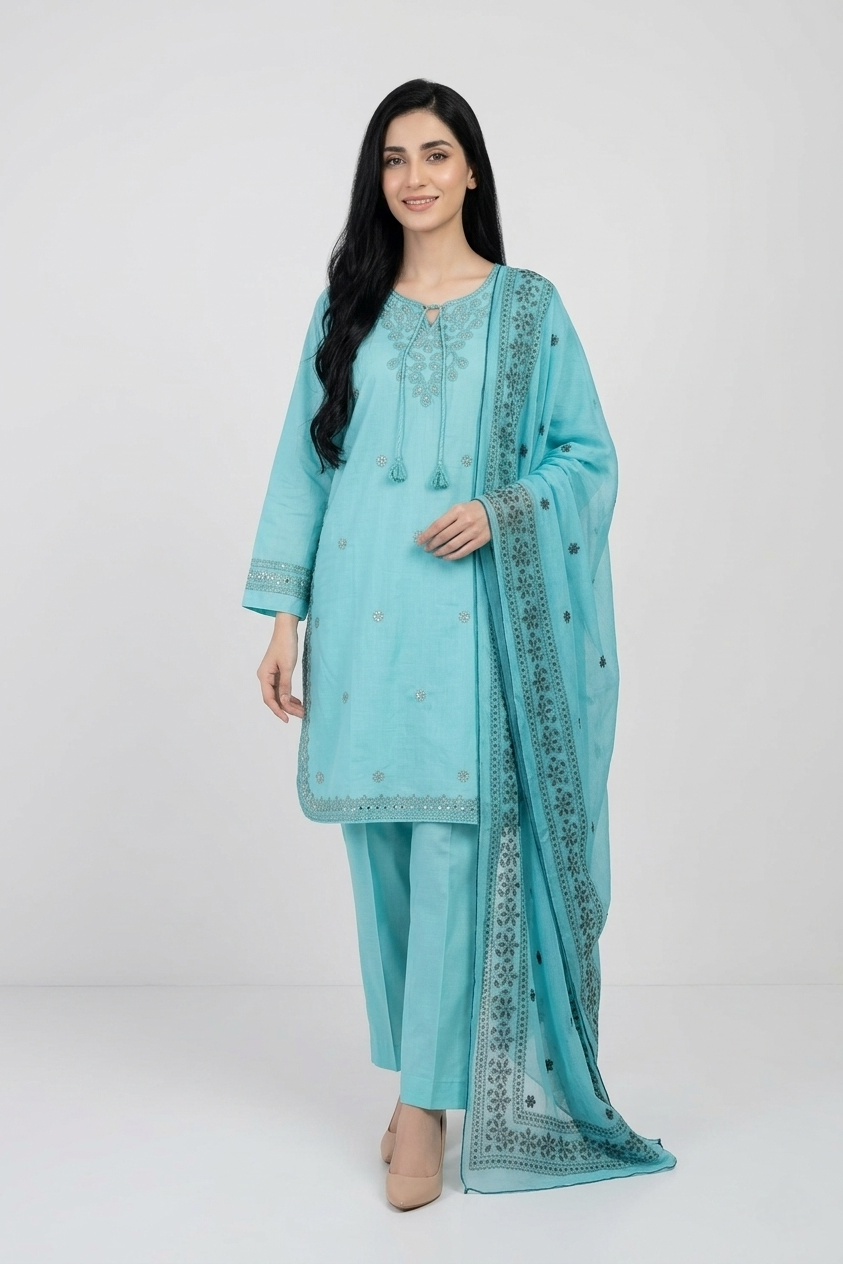 Woman wearing a light blue embroidered traditional outfit on a white background