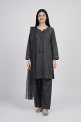 Woman wearing a dark gray traditional outfit with a matching dupatta on a white background