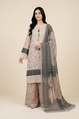 Woman wearing a traditional outfit with a floral design on a beige background