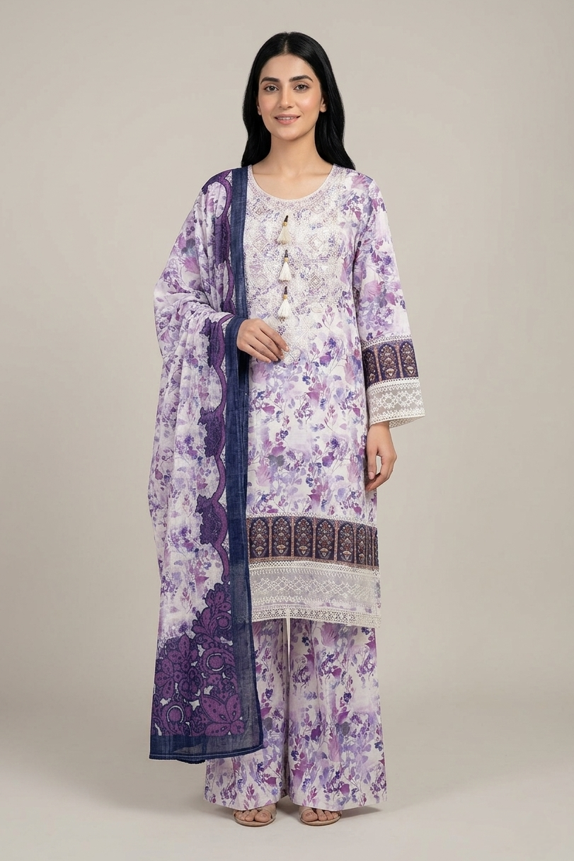 Woman wearing a floral purple and white outfit with a matching dupatta on a plain background