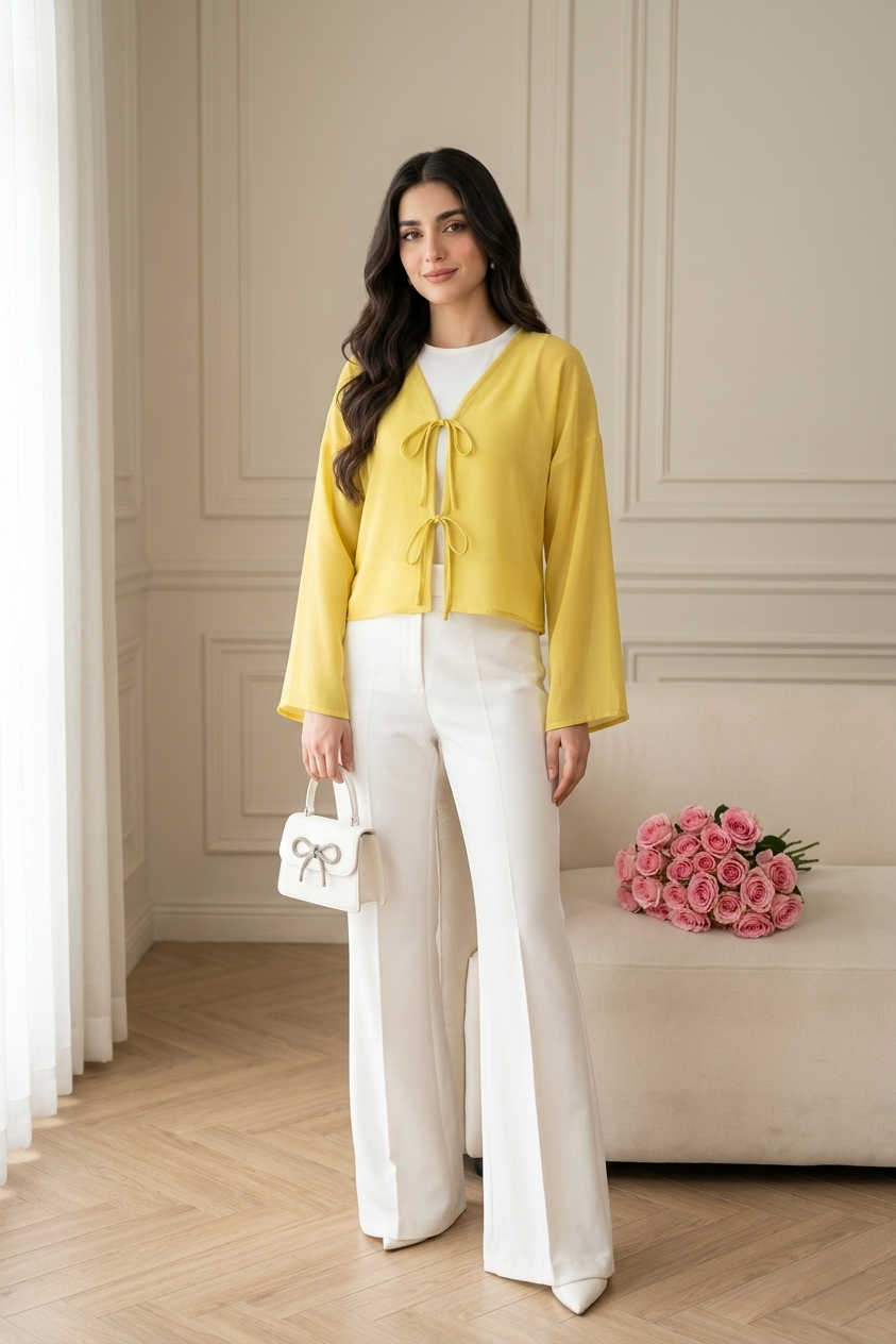 A front-view shot of a model wearing a vibrant yellow blouse with delicate double bow-tie closures at the front. The lightweight top features long bell sleeves and is styled over a white base with wide-leg trousers, set against a bright, minimalist studio backdrop.