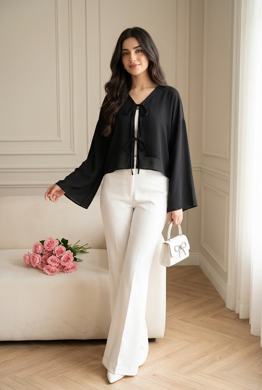 FRONT BOW BLOUSE - BLACK