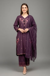 3 Pc Embroidered Suit - 8009 - (Cotton Lawn / Chiffon Silk Dupatta)