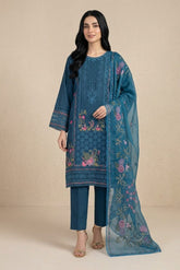 3 Pc Embroidered Suit - 8027 - (Cotton Silk With Monarch Dupatta)