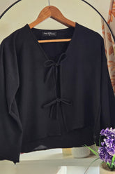 FRONT BOW BLOUSE - BLACK