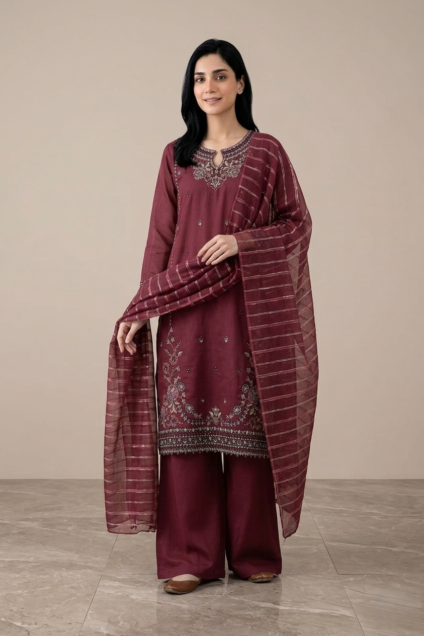 Woman wearing a maroon traditional outfit with embroidery against a beige background