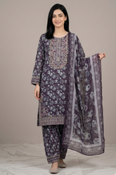 3 Pc Printed Embroidered Suit - 8034 - (Cotton Silk With Monarch Dupatta)