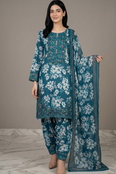 3 Pc Printed Embroidered Suit - 8035 - (Cotton Silk With Monarch Dupatta)