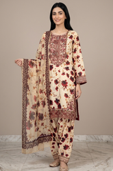 3 Pc Printed Embroidered Suit - 8036 - (Cotton Silk With Monarch Dupatta)