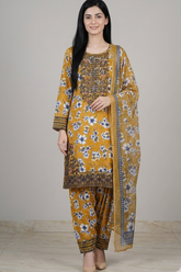 3 Pc Printed Embroidered Suit - 8037 - (Cotton Silk With Monarch Dupatta)
