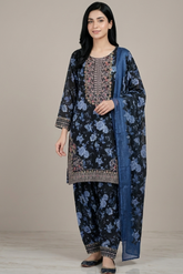 3 Pc Printed Embroidered Suit - 8038 - (Cotton Silk With Monarch Dupatta)