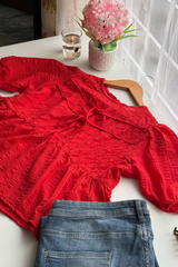 Puff Sleeve Peplum Blouse (Red)