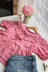 Puff Sleeve Peplum Blouse (Pink)