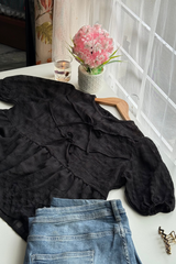 Puff Sleeve Peplum Blouse (Black)