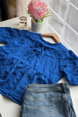 Puff Sleeve Peplum Blouse (Blue)
