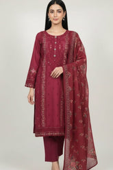 3 Pc Embroidered Suit - 8016 - (Cotton Suit / Monarch Dupatta)