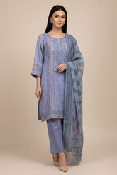 3 Pc Embroidered Suit - 8015 - (Cotton Suit / Monarch Dupatta)