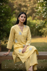 2 Pc Self Embroidered Fusion Set - Butter Yellow