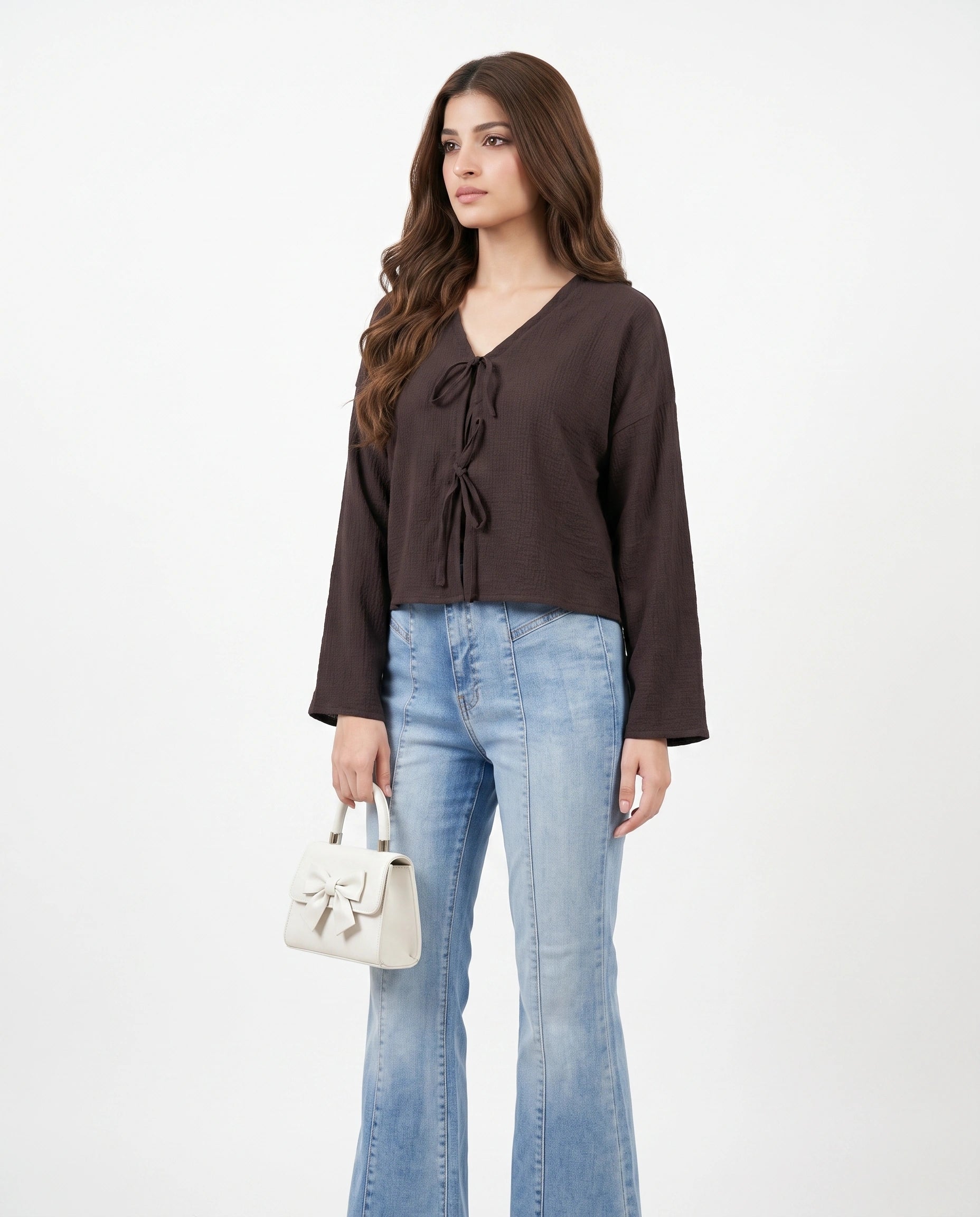 FRONT BOW BLOUSE - CHOCOLATE BROWN