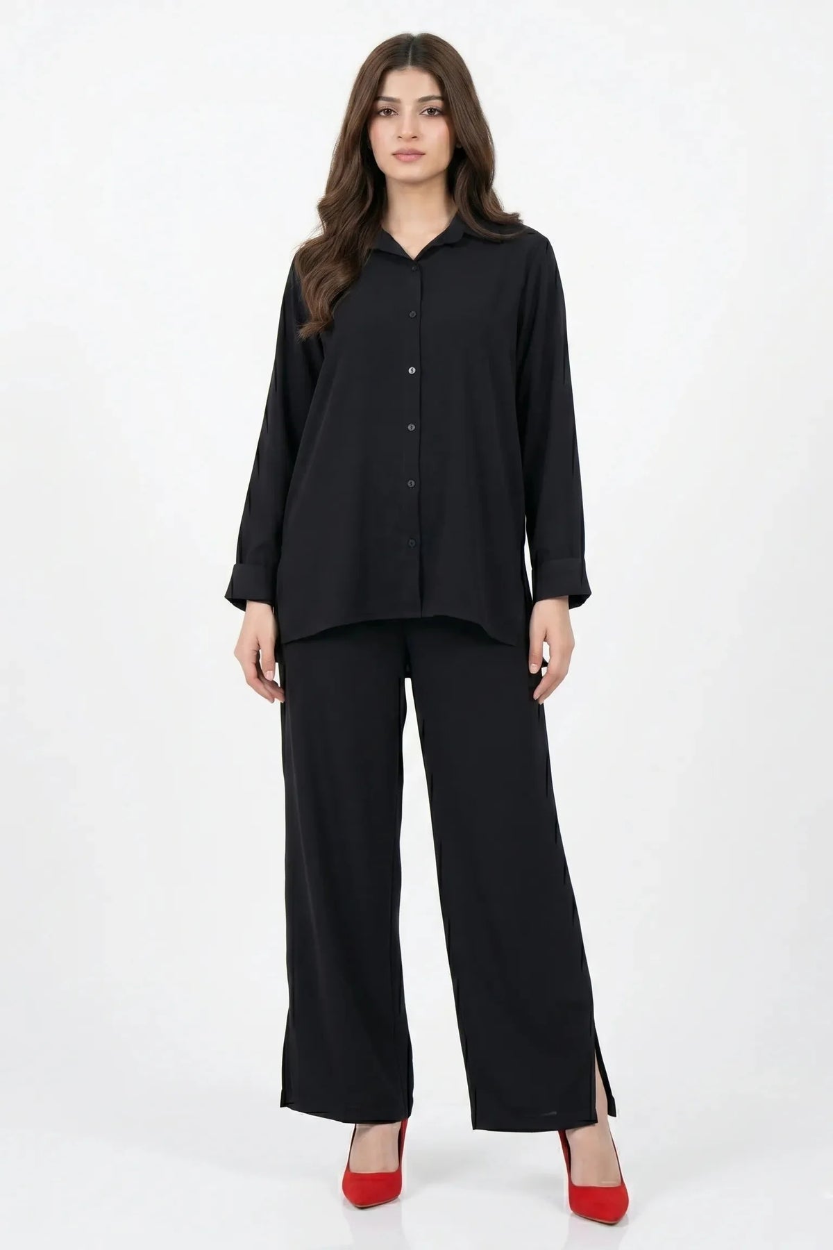 Black seersucker button-down co-ord set with wide-leg pants, Amna Ali Nawaz