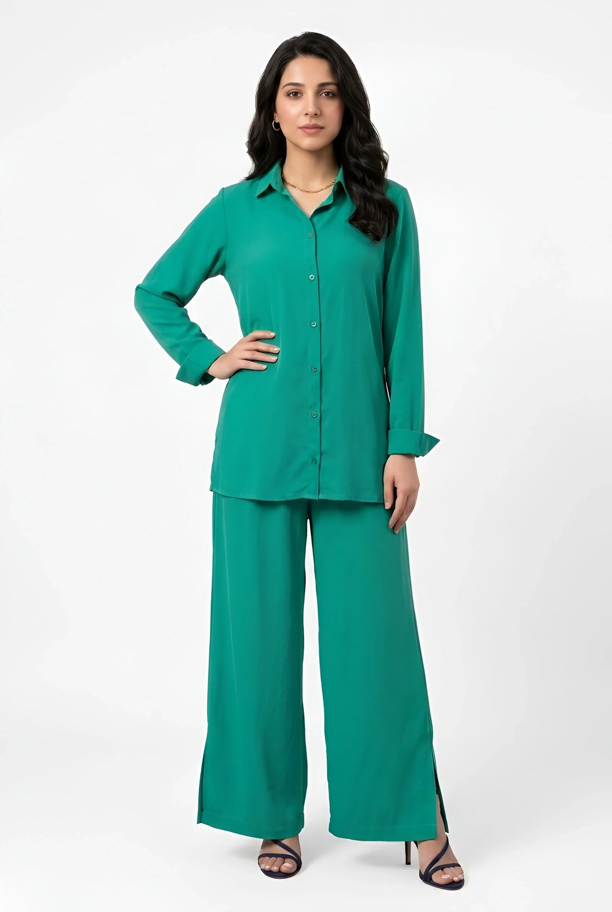 Emerald green co-ord set with wide-leg trousers, Amna Ali Nawaz