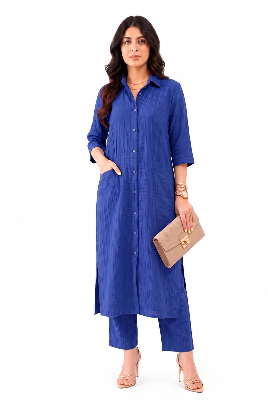 Blue muslin cotton button-down co-ord set, Amna Ali Nawaz western wear