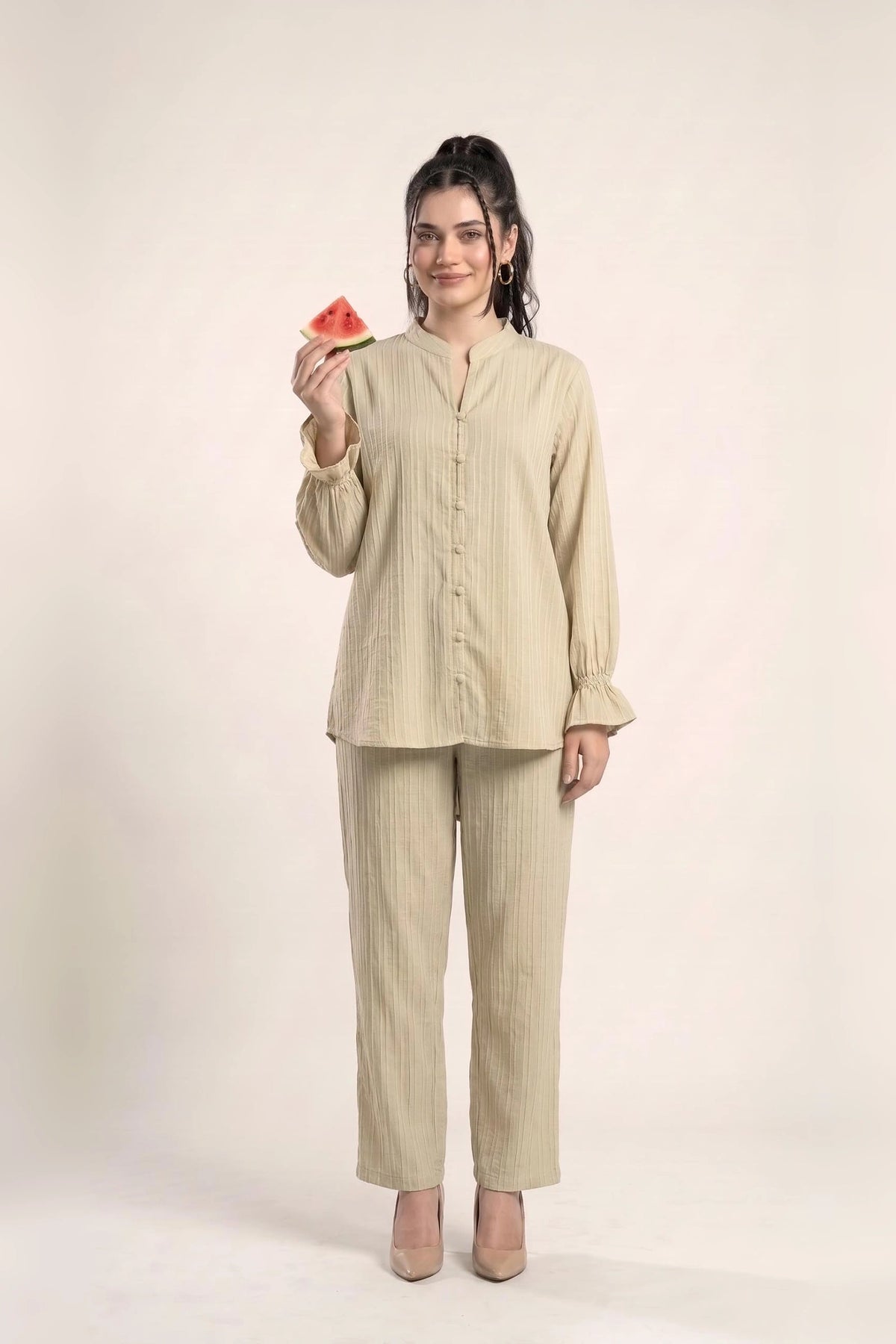 Textured Cotton Co Ord Set for Women in Sand
