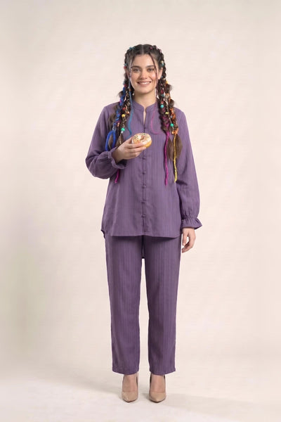 Textured Cotton Co Ord Set for Women in Dusty Purple