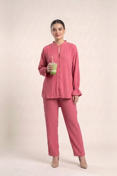 Textured Cotton Co Ord Set for Women in Coral Pink