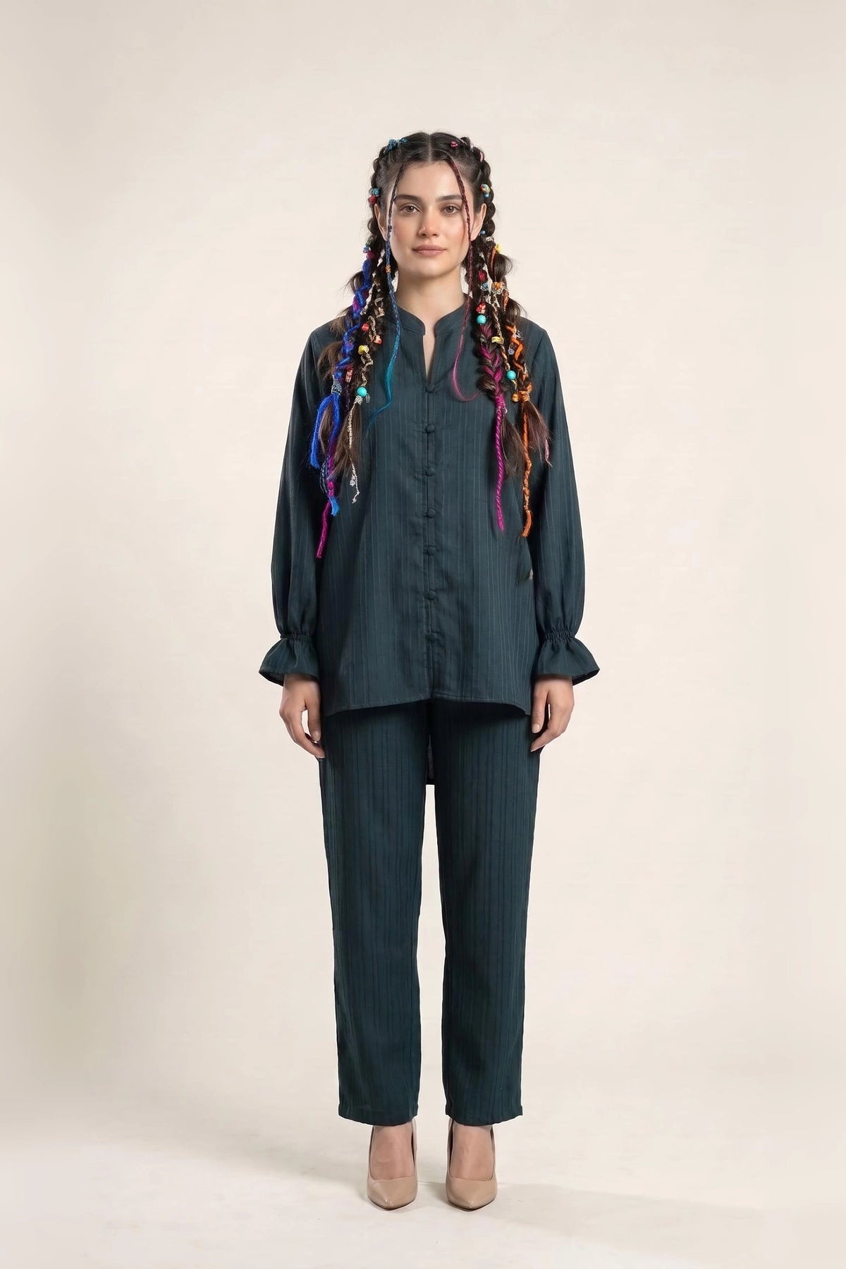 Textured Cotton Co Ord Set for Women in Dark Teal