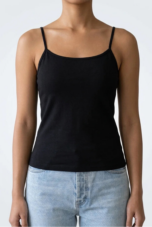 Front view of premium black cotton camisole with thin spaghetti straps