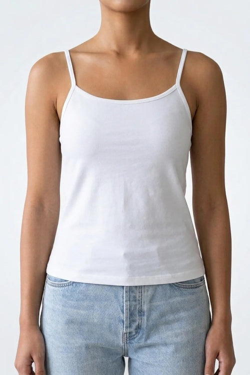 Front view of premium white cotton camisole with thin spaghetti straps