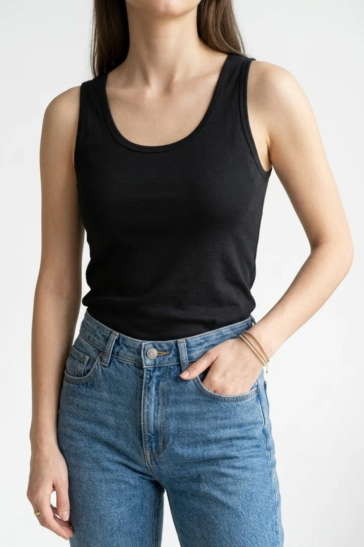 Close up front view of premium black women's cotton tank top with scoop neck