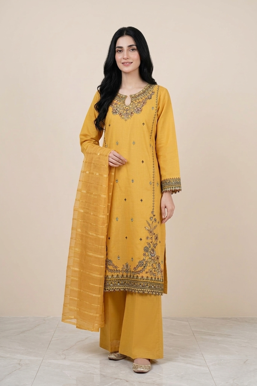 3 Pc Embroidered Suit - 8029 - (Cotton Silk With Monarch Dupatta)