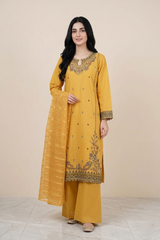 3 Pc Embroidered Suit - 8029 - (Cotton Silk With Monarch Dupatta)