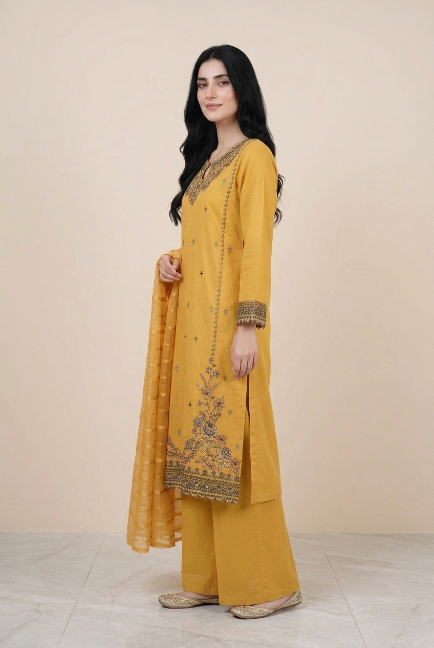 3 Pc Embroidered Suit - 8029 - (Cotton Silk With Monarch Dupatta)