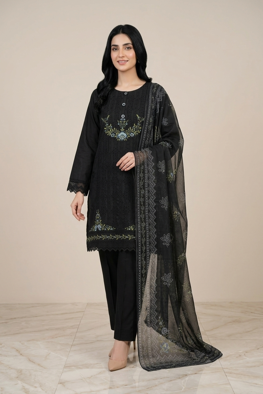 Woman wearing a black embroidered outfit with a sheer dupatta on a beige background
