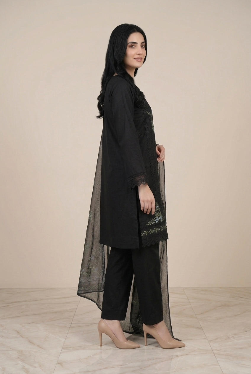 3 Pc Printed Embroidered Suit - 8040 - (Cotton Lawn With Monarch Dupatta)