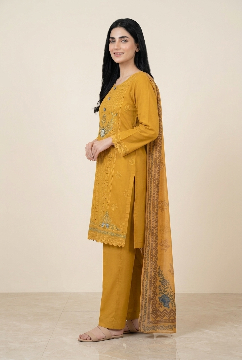 3 Pc Printed Embroidered Suit - 8041 - (Cotton Lawn With Monarch Dupatta)