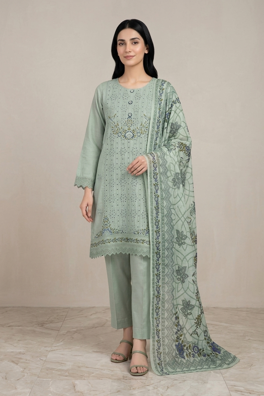 Woman wearing a light green traditional outfit with a matching dupatta against a neutral background