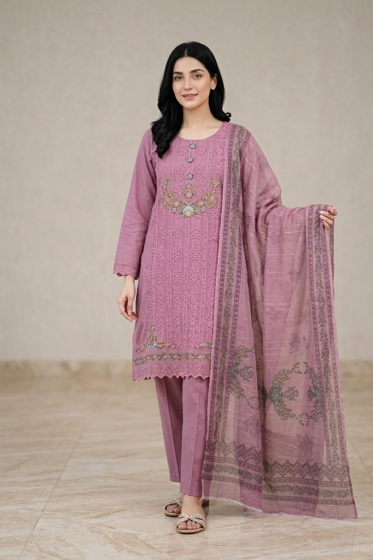 3 Pc Embroidered Suit - 8043 - (Lawn Cotton With Monarch Dupatta)