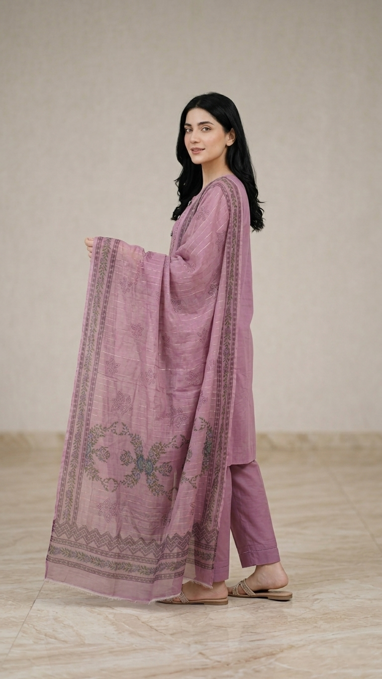 3 Pc Embroidered Suit - 8043 - (Lawn Cotton With Monarch Dupatta)