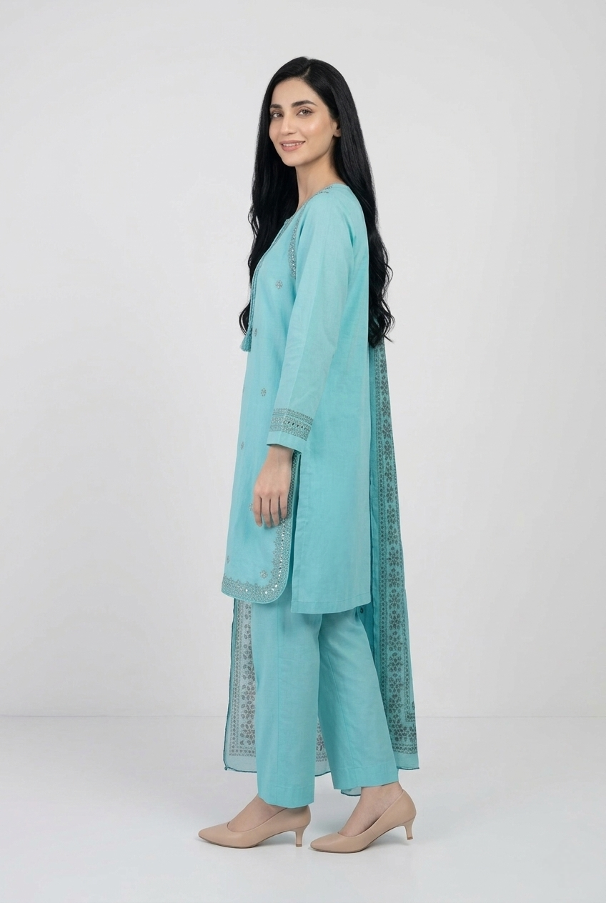3 Pc Embroidered Suit - 8047 - (Lawn Cotton With Monarch Dupatta)