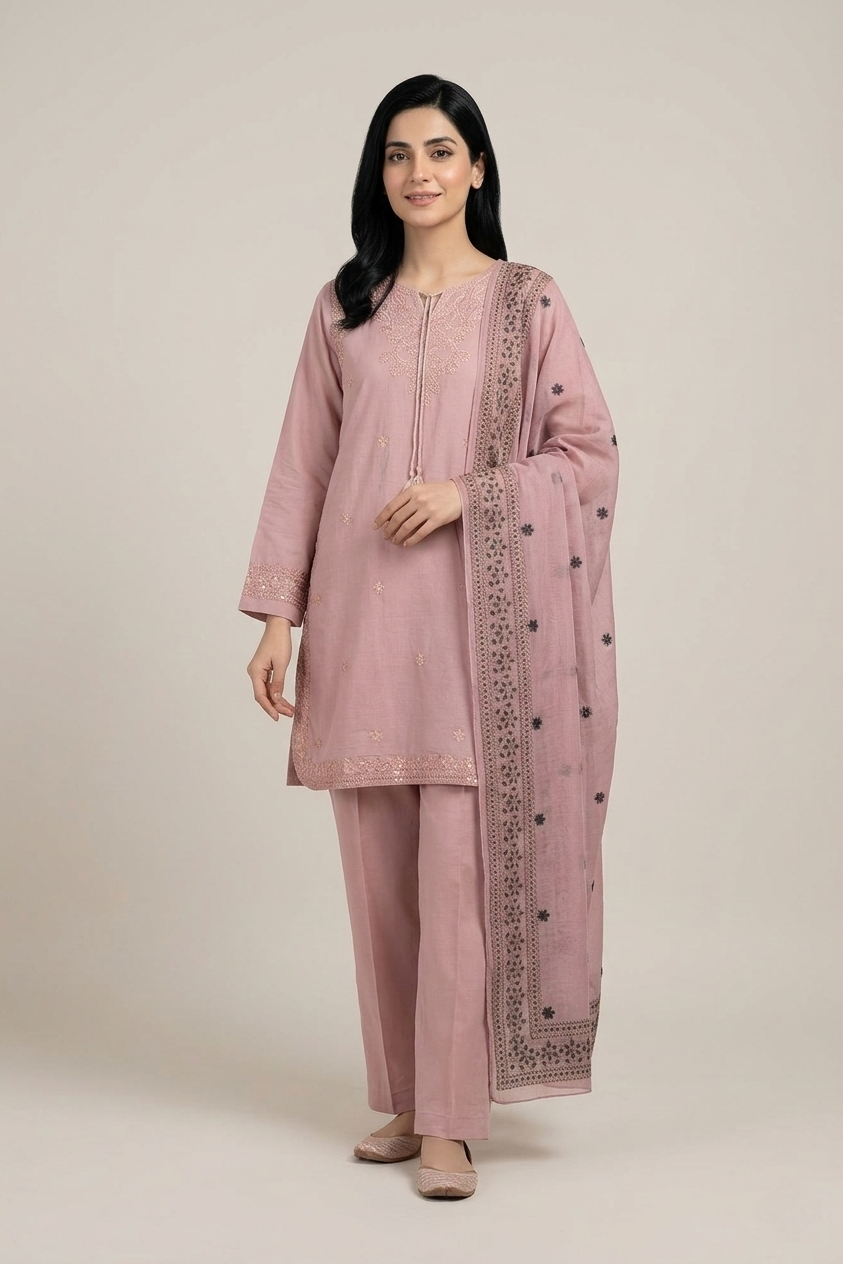 Woman wearing a pink traditional outfit with a matching dupatta on a beige background