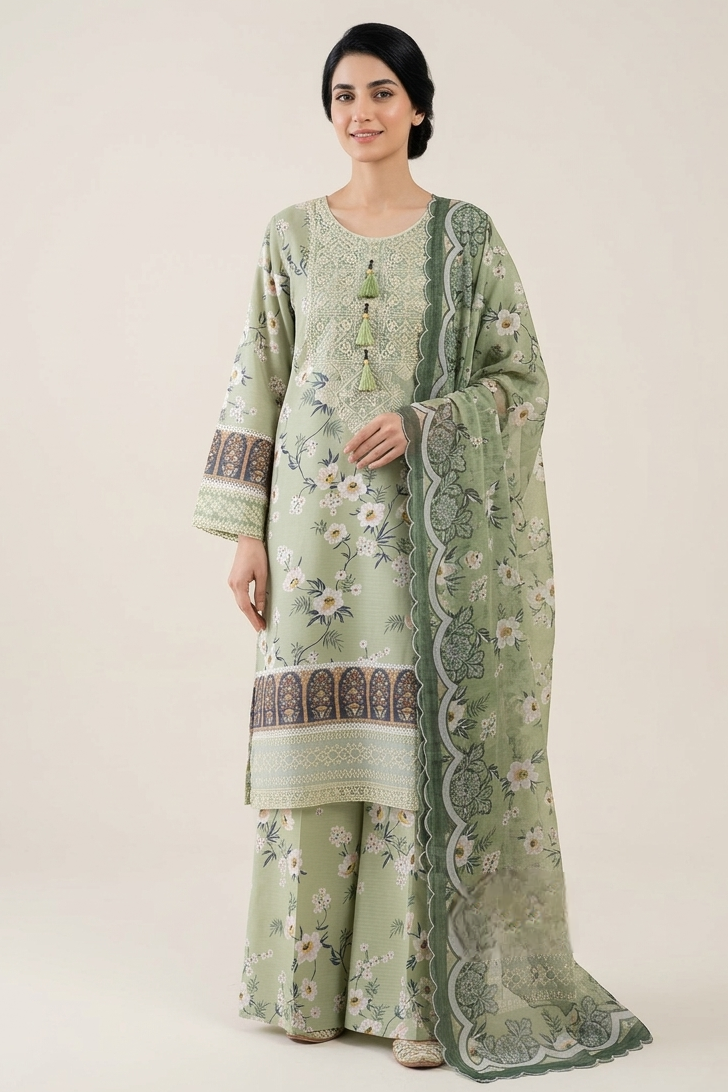 Woman wearing a light green traditional outfit with floral patterns on a white background